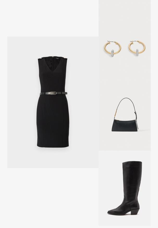 Vestido negro ajustado con escote en V, diseño sin mangas, que presenta acentos dorados en los hombros y un cinturón negro ceñido con una hebilla metálica.; Bota de cuero negra hasta la mitad de la pantorrilla con puntera puntiaguda y tacón bajo inclinado sobre un fondo claro y liso.; Bolso de mano de cuero negro con cremallera dorada y correa ajustable con detalles rectangulares dorados sobre un fondo blanco.; Par de pendientes de aro en tono dorado con pequeño detalle de aro en tono plateado en cada uno, expuestos sobre un fondo gris claro.