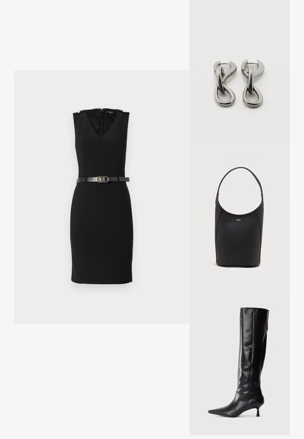 Schwarzes figurbetontes Kleid mit V-Ausschnitt und ohne Ärmel, ausgestattet mit goldenen Schulterakzenten und einem taillierten schwarzen Gürtel mit einer metallischen Schnalle.; Schwarze Lederstiefel bis zum Knie mit spitzem Zehenbereich und schmalem, geschwungenem Absatz. Glatte Textur, enganliegendes Design und keine sichtbaren Beschläge oder Muster.; Schwarze Leder-Bucket-Bag mit einem einzelnen Schulterriemen und kleinem goldfarbenem BOSS-Logo, zentriert nahe der oberen Vorderseite.; Paar silberfarbene Metallohrringe mit abstraktem ineinandergreifendem Schlaufen-Design auf weißem Hintergrund.