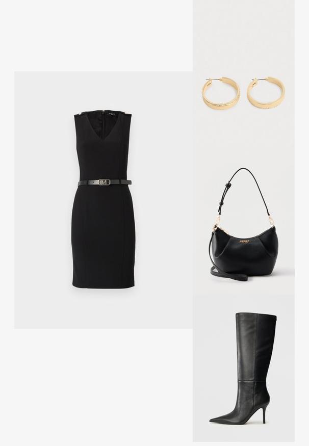Robe noire ajustée avec un décolleté en V, sans manches, dotée d'accents dorés aux épaules et d'une ceinture noire cintrée avec une boucle métallique.; Botte noire en cuir, hauteur genou, avec bout pointu et talon aiguille fin, texture lisse, profil latéral sur fond neutre.; Sac à bandoulière en cuir noir texturé avec fermeture éclair dorée, sangle réglable et logo doré "GUESS" au centre devant.; Une paire de boucles d'oreilles créoles en ton doré avec une rangée de petites cristaux le long du bord extérieur, présentées sur un fond clair et uni.