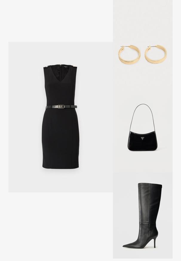 Vestido negro ajustado con escote en V, diseño sin mangas, que presenta acentos dorados en los hombros y un cinturón negro ceñido con una hebilla metálica.; Bota de cuero negro hasta la rodilla con puntera afilada y tacón de aguja delgado, textura suave, perfil lateral sobre fondo neutro.; Bolso de hombro de charol negro con correa delgada, logotipo triangular de Guess en el frente y cierre superior con cremallera.; Un par de pendientes de aro en tono dorado con una fila de pequeños cristales a lo largo del borde exterior, presentado sobre un fondo claro y liso.