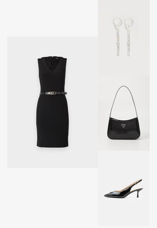 Vestido negro ajustado con escote en V, diseño sin mangas, que presenta acentos dorados en los hombros y un cinturón negro ceñido con una hebilla metálica.; Tacón slingback de charol negro con puntera puntiaguda, tacón pequeño tipo kitten y correa con hebilla plateada sobre un fondo blanco liso.; Bolso de hombro de charol negro con forma curva, que presenta un logotipo triangular plateado y un cierre de cremallera. Textura suave y correa delgada.; Pendientes colgantes de plata con cristales transparentes rectangulares y redondos en una línea vertical, asegurados con cierres tipo leverback.