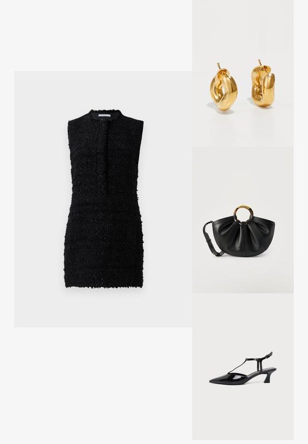 Vestido negro sin mangas hecho de una tela texturizada con un ajuste ligeramente holgado, que presenta un escote alto y un detalle mínimo.; Zapato slingback de cuero charol negro con punta fina, tira en T y tacón bajo en bloque inclinado sobre fondo blanco.; Bolso de cuero negro con cuerpo ancho y pliegues, asas circulares de carey y correa de hombro ajustable sobre un fondo neutral.; Pendientes de aro grueso en oro con un diseño tubular ligeramente retorcido y cierre de presión, sobre un fondo blanco.