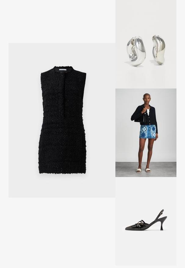 Schwarzes ärmelloses Kleid aus strukturiertem Stoff mit einem leicht lockeren Schnitt, hochgeschlossen und mit minimaler Detailgestaltung.; ALOHAS JOELLE ONIX - Pumps - black; Schwarze Strickjacke, weißes Oberteil, Jeansrock mit blauem und schwarzem Diamantenmuster, schwarze Handtasche und beige Rutschsandalen.; Silberne skulpturale Ohrringe mit glatten, geschwungenen Formen und reflektierenden Oberflächen. Sie verfügen über ein geschlossenes Ringdesign und eine ausgeprägte organische Form.