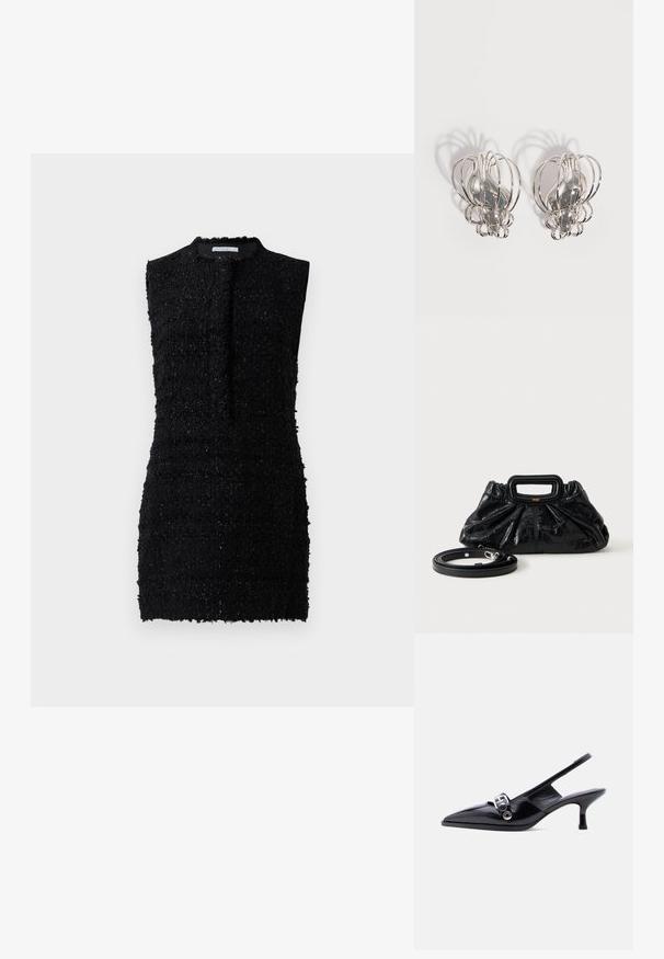 Vestido negro sin mangas hecho de una tela texturizada con un ajuste ligeramente holgado, que presenta un escote alto y un detalle mínimo.; Zapato de charol negro con talón bajo tipo slingback, punta puntiaguda y detalle de hebilla plateada sobre fondo blanco liso.; Bolso pequeño de cuero negro con textura fruncida, asa rectangular y correa de hombro delgada y desmontable colocada al lado.; Par de pendientes de metal plateado con diseño de jaula de alambre abierto y formas ovaladas centrales lisas que proyectan sombras curvas sobre un fondo blanco.
