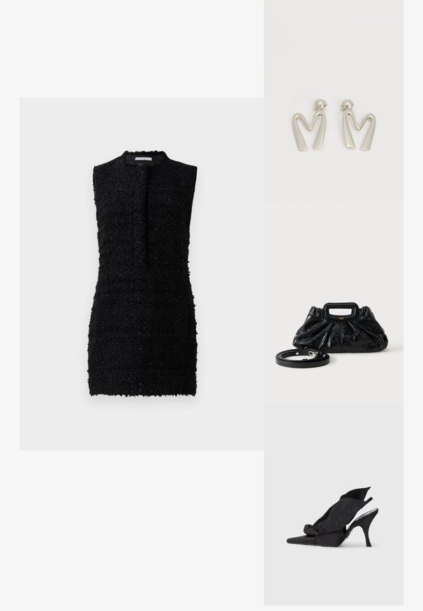 Zwart mouwloos jurk van textuurstof met een iets loszittende pasvorm, met een hoge halslijn en minimale details.; Zwarte slingback hoge hakken met een puntige neus, voorzien van een gedrapeerde bovenkant van textiel en een strikaccent op het voorpaneel.; Kleine zwarte leren handtas met geplooide textuur, rechthoekige handgreep en afneembare dunne schouderriem ernaast geplaatst.; Paar zilverkleurige metalen oorbellen in de vorm van een hoekige letter M met afgeronde stekers op een witte achtergrond.