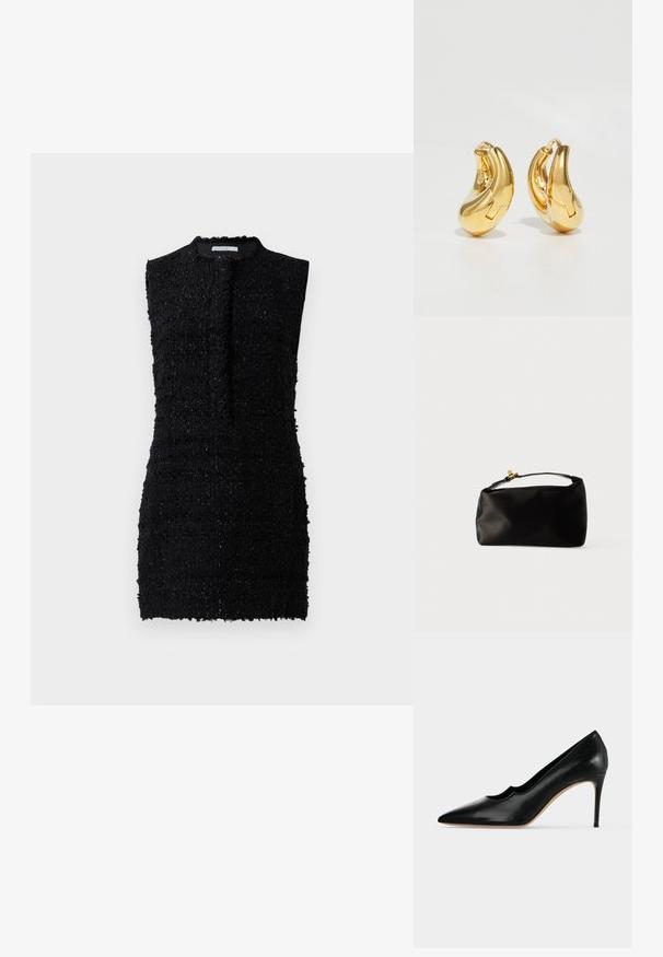 Sort ærmeløs kjole lavet af tekstureret stof med en lidt løs pasform, der har en høj halsudskæring og minimal detaljer.; Sort læder stiletto pumps med spids tå, bølget kant og beige sål mod en ensfarvet lys baggrund.; Sort satinpung med en afrundet form, et håndtag i toppen og en guldaccentlås. Glat tekstur med et minimalistisk design.; Guldringeøreringe med en glat, buet form og poleret overflade. Udstyret med en lukkeanordning og lette fordybninger for detaljer.