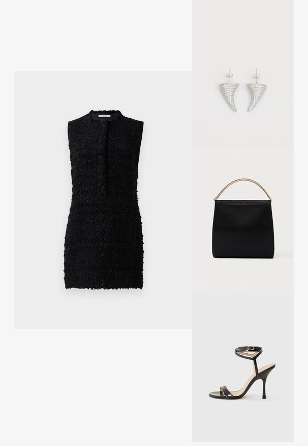 Vestido negro sin mangas hecho de una tela texturizada con un ajuste ligeramente holgado, que presenta un escote alto y un detalle mínimo.; Sandalia de tacón alto de charol negro con tira delgada en el tobillo y hebilla, punta abierta y tacón aguja esbelto sobre fondo blanco.; Bolso negro de tela suave, con forma estructurada, asa de cadena dorada y diseño geométrico minimalista.; Pendientes en forma de cuerno plateado, engastados con pequeñas piedras transparentes, que cuentan con un cierre trasero para su sujeción. Textura suave y acabado metálico.