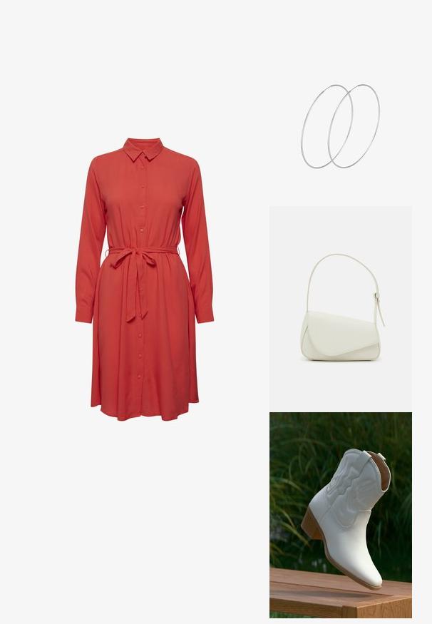 Vestido rojo de camisa con mangas largas, cierre frontal de botones y un cinturón de lazo en la cintura. Tejido suave y una silueta fluida y relajada.; Bota vaquera blanca de cuero hasta media pantorrilla con costuras decorativas y tacón apilado de madera, descansando sobre una superficie de madera al aire libre.; Bolso de mano de imitación cuero blanco con una forma triangular estructurada, correa ajustable única y cierre con solapa acentuada en curva.; Pendientes de aro plateados con un diseño minimalista. Forma circular, textura suave y perfil delgado. Livianos con un acabado pulido.