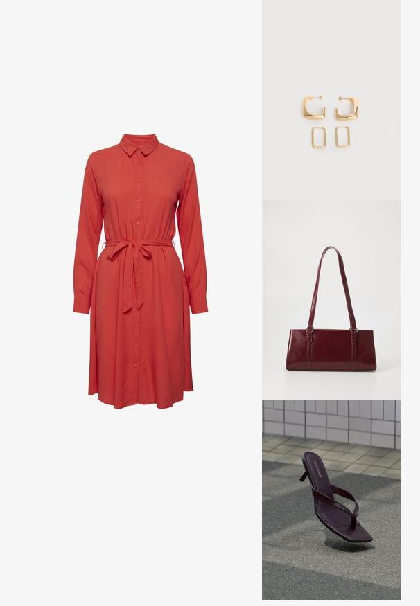 Vestido rojo de camisa con mangas largas, cierre frontal de botones y un cinturón de lazo en la cintura. Tejido suave y una silueta fluida y relajada.; Sandalia de tacón marrón oscuro con puntera cuadrada y tiras delgadas flotando sobre un pavimento texturizado cerca de una pared con azulejos.; Bolso burdeos hecho de material brillante, de forma rectangular, con dos asas para el hombro y sutiles acentos curvados en la parte frontal.; Dos pares de pendientes de aro geométricos en tono dorado sobre una superficie blanca lisa, un par cuadrados y sólidos, un par rectangulares y huecos.