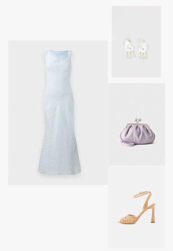 Helles blaues ärmelloses Kleid mit rundem Ausschnitt, tailliertem Oberteil und ausgestelltem Saum. Hergestellt aus glattem Stoff mit einer dezenten Textur.; Beige High-Heel-Sandale mit geflochtenem Vorderriemen und Knöchelriemen mit Schnalle vor schlichter hellem Hintergrund.; Weiche Lavendel-Clutch mit gerafftem Stoff, silbernem Kiss-Lock-Verschluss und passendem Handgelenksriemen auf hellem einfarbigem Hintergrund.; Klare Harz-Ohrringe in Muschelform mit kleinen goldenen Akzenten und drei hängenden durchsichtigen tropfenförmigen Anhängern an jedem Ohrring.