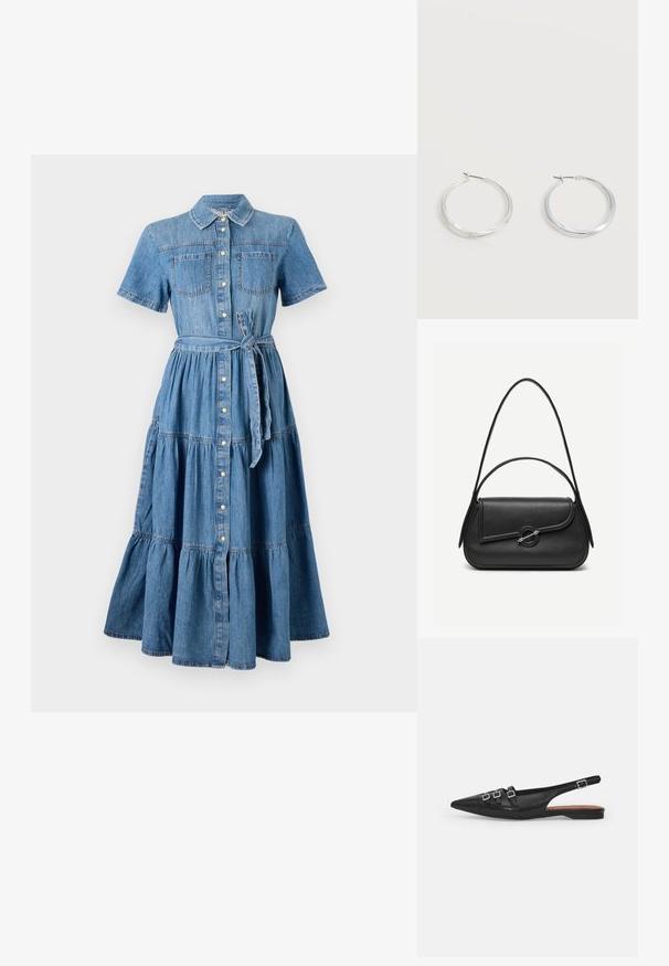 Robe en denim avec un col, des manches courtes, deux poches avant, un devant à boutons, une ceinture à la taille et un design de jupe à volants en bleu.; Chaussure plate noire en cuir avec un bout pointu, dotée de deux lanières horizontales et de boucles carrées en argent, avec un faible talon et une texture lisse.; Sac à main en cuir noir avec bords arrondis, rabat asymétrique, fermoir circulaire en métal, et des bandoulières courtes et longues.; Boucles d’oreilles créoles en métal argenté avec une surface lisse légèrement incurvée et des fermoirs à clapet sur un fond blanc uni.