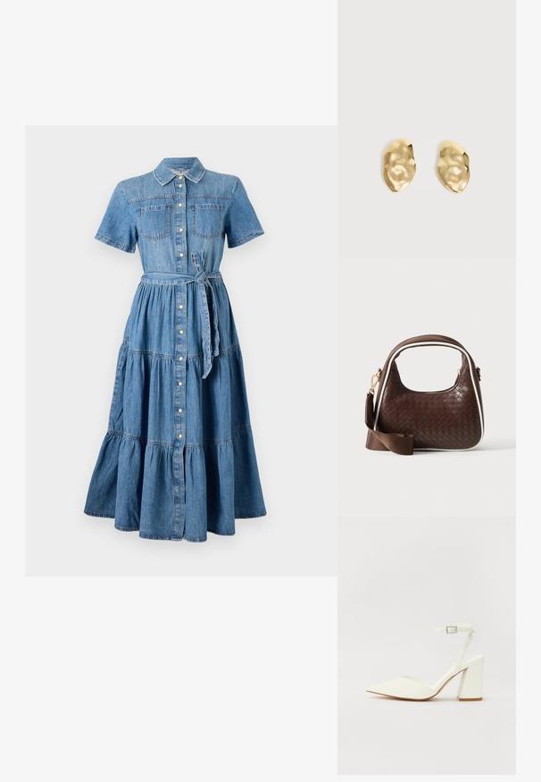 Robe en denim avec un col, des manches courtes, deux poches avant, un devant à boutons, une ceinture à la taille et un design de jupe à volants en bleu.; Sandale blanche à talon avec un bout pointu, sangle de cheville réglable et un talon carré épais. Texture lisse avec des détails de couture minimaux.; Sac à main en cuir tressé marron avec passepoil blanc, fermeture éclair dorée et bandoulière amovible en tissu marron.; Paire de boucles d'oreilles en métal doré brillant, de forme irrégulière, avec une surface froissée et lisse sur un fond clair uni.