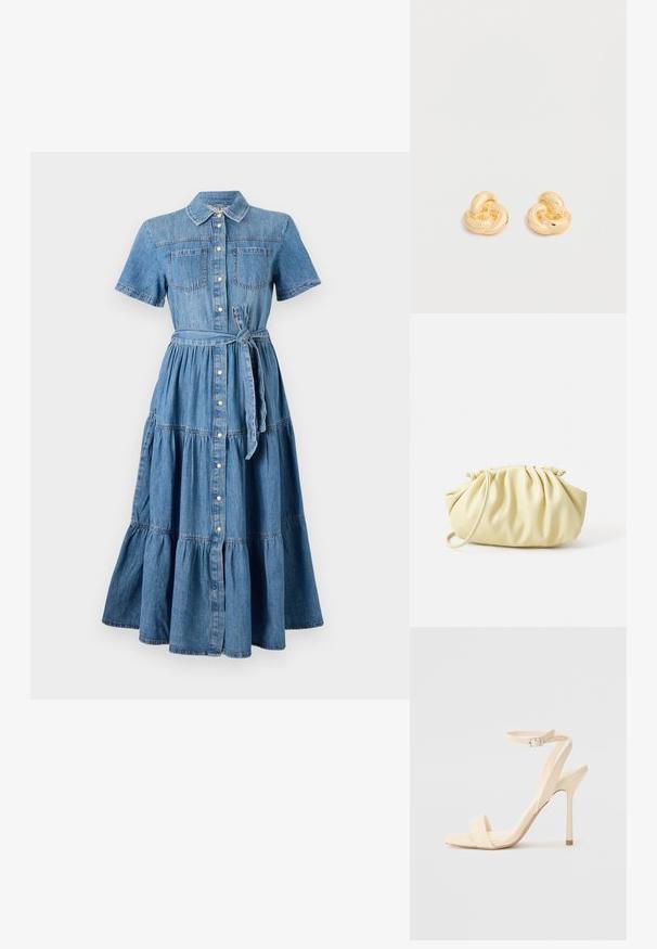 Robe en denim avec un col, des manches courtes, deux poches avant, un devant à boutons, une ceinture à la taille et un design de jupe à volants en bleu.; Sandale à talon haut beige avec une sangle fine autour de la cheville et un bout carré. Matériau synthétique lisse, design minimaliste et talon aiguille.; Sac à main plissé jaune en simili cuir lisse, arborant une forme douce avec une bandoulière unique et un design froncé sur le dessus.; Paire de clous d'oreilles en forme de nœud, couleur or brillant, sur un fond blanc uni.