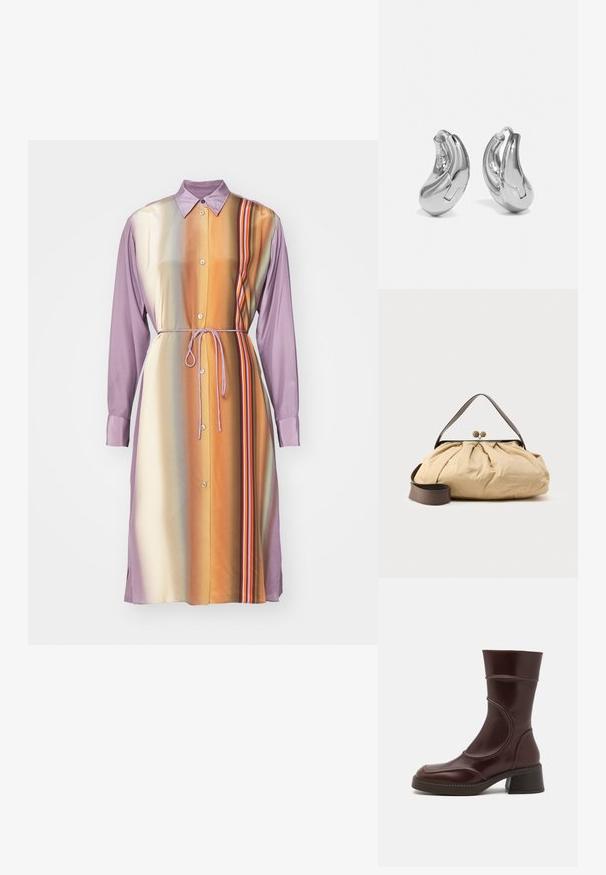 Langærmet kjole i lilla og orange gradient med knapper, bånd i taljen og lodrette striber, lavet af glat stof.; MIISTA MALENE - Støvletter - brown; Beige stofpose med et samlet design, brunt læderhåndtag og to runde metal-lukninger øverst. Justerbar brun rem medfølger.; Sølvøreringe med en buet, blank finish og et sømløst design. Har en hængsellukning for sikker bæring.