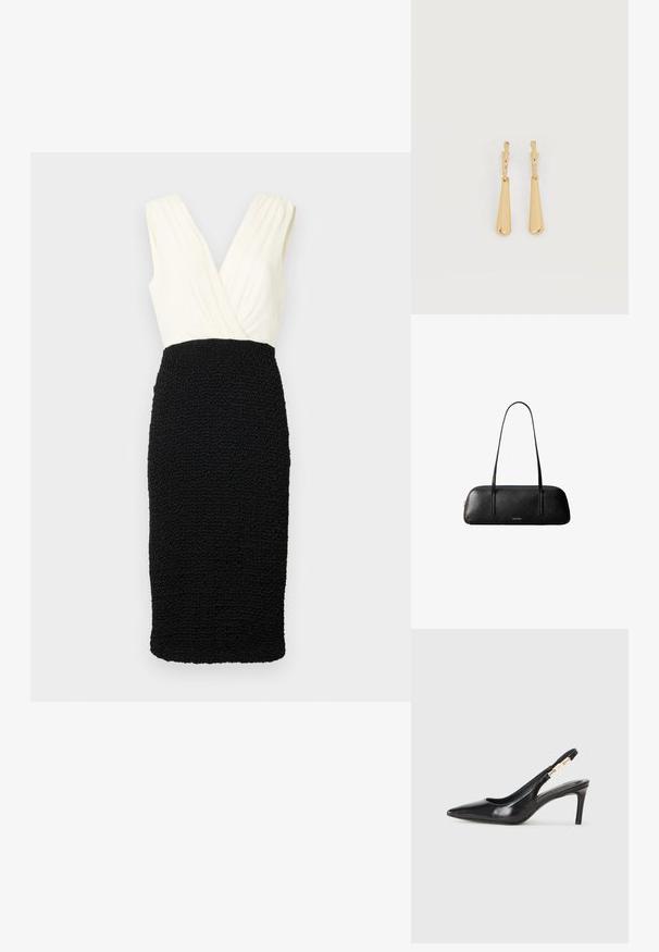 Sort og hvid kjole med V-udskæring; toppen er lavet af glat stof, mens bunden har et tekstureret, krinklet design. Uden ærmer.; Sort læder slingback højhælede sko med spidse tæer, glat overflade og en smal ankelrem med guldfarvede hardware detaljer.; Sort rektangulær læderhåndtaske med lange tynde stropper og gylden "Calvin Klein"-logo på midten foran.; Øreringe i guldfarvet metal med glatte, aflangt dråbeformede vedhæng, der hænger fra små creol-låse på en hvid baggrund.