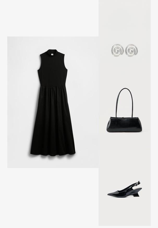 Vestido negro sin mangas con cuello alto simulado, parte superior ajustada y cintura fruncida que da paso a una falda fluida. Hecho de una tela suave.; Zapato slingback de cuero charol negro con puntera puntiaguda y tacón bajo en bloque inclinado sobre fondo claro liso.; Bolso de hombro rectangular negro con correas largas y delgadas y una textura lisa y brillante sobre un fondo liso.; Par de pendientes de aro espiral plateados con diseño liso y redondeado sobre un fondo blanco liso.