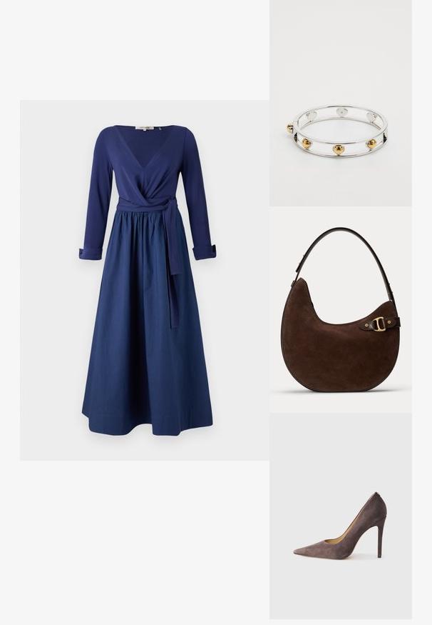 Marineblaues Kleid mit langen Ärmeln, V-Ausschnitt, Wickeldesign und einem taillierten Gürtel. Ein fließender Rock mit einer glatten Textur.; Graue Wildleder-Pumps mit hohem Absatz, spitz zulaufender Zehenpartie und schlanker Silhouette. Verfügt über ein glattes Finish und einen schmalen Absatz für einen modernen Look.; Braune Wildlederhandtasche in Halbmondform mit dunkel verstellbarem Lederriemen und goldfarbenem Schnallendetail auf schlichtem Hintergrund.; Silberarmband mit goldenen Herz- und Glockenakzenten, offenes Design mit klaren Abschnitten, polierte Oberfläche und glatte Textur.