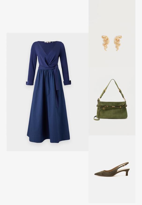Tumedsinine kleit pika varrukaga, V-dekoltee, mähistektooni disainiga ja vöödiga taljes. Voogav seelik, millel on sile tekstuur.; Olive rohelise seemisnaha slingback-king, terava varbaotsaga, madala kassikandaga ja kuldse pandlaga, valgel taustal.; Roheline seemisnahast õlakott reguleeritavate rihmadega ning kuldse tooniga pandla ja kinnitustega, üheljätmelisel taustal.; Kullatona maduja kujulised kõrvarõngad, mis on kaunistatud väikeste läbipaistvate kristallidega helel selgel taustal.