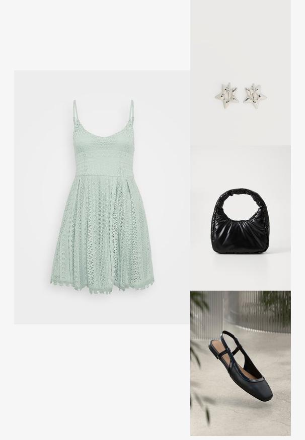 Muntgroene kanten jurk met verstelbare bandjes, heeft een getailleerde lijfje, een uitlopende rok en ingewikkelde patronen met een golvende rand.; Zwarte leren slingback ballerina met een vierkante neus, voorzien van een glanzende lakrand en verstelbare banden voor een veilige pasvorm.; Zwarte gevoerde handtas met een ronde handgreep, met een gladde, glanzende oppervlakte en een zachte, gewatteerde textuur. Geen zichtbare metalen onderdelen of accenten.; Zilverkleurige stervormige oorringen met een gladde, gepolijste afwerking op een effen witte achtergrond.
