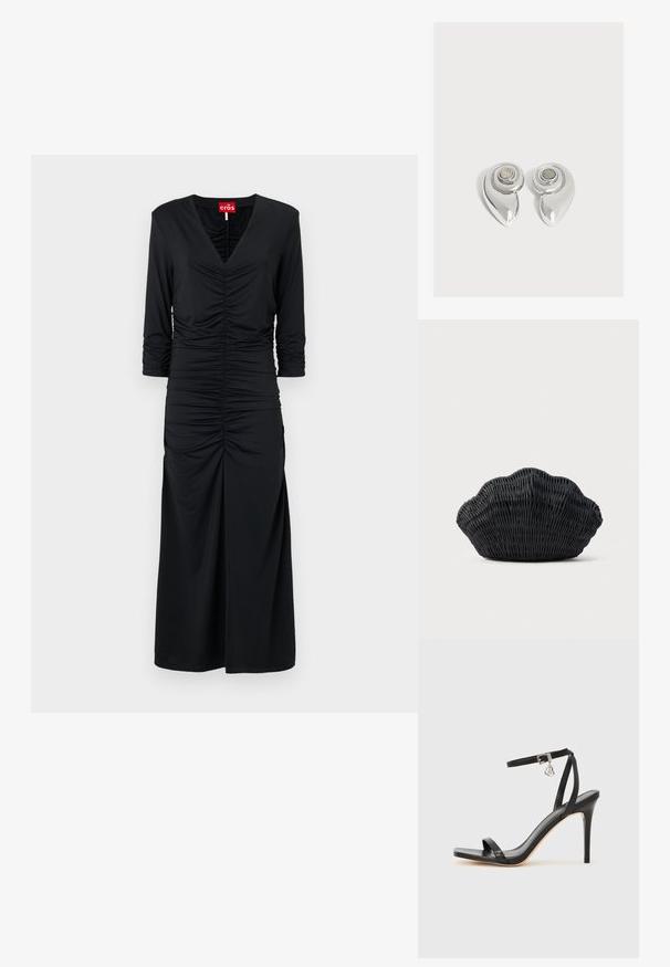 Vestido negro de tela suave, con escote en V, mangas tres cuartos y detalle fruncido en el centro, que llega hasta la mitad de la pantorrilla.; Sandalia de tacón alto negra con una estrecha correa en el tobillo, punta cuadrada, material de cuero liso y detalle de hebilla metálica.; Bolso de mimbre negro con forma de concha de vieira con parte superior curva y textura tejida sobre un fondo liso.; Par de pendientes metálicos plateados brillantes con un diseño en espiral y una piedra circular en el centro sobre un fondo blanco liso.