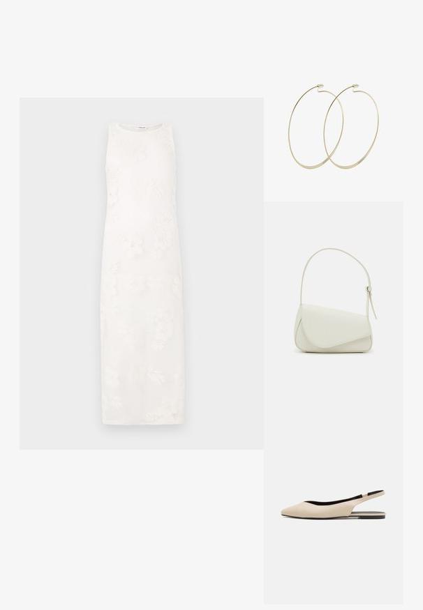 Vestido blanco sin mangas con bordado floral, de silueta recta y tejido texturizado. Diseño minimalista sin cierres visibles.; Bailarinas de piel beige con tiras traseras y puntera puntiaguda, diseño minimalista, textura suave y suela negra baja.; Bolso de mano de imitación cuero blanco con una forma triangular estructurada, correa ajustable única y cierre con solapa acentuada en curva.; Pilgrim Pendientes - gold-coloured