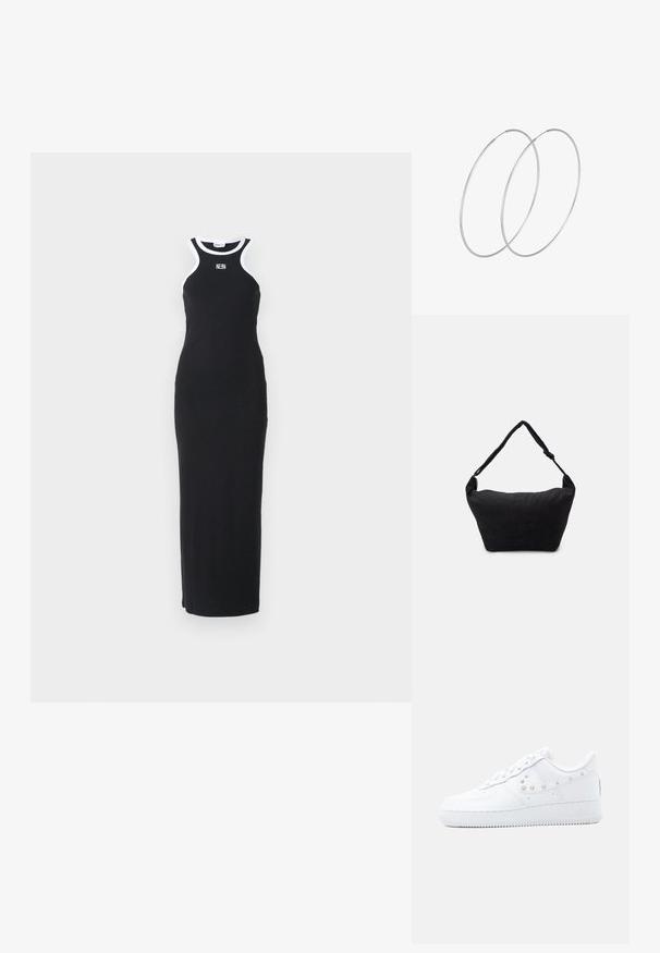 Must rannetuseta maxi kleit soonikust kangast. Kaeluses valged aktsendid ja kehaikut toetav lõige. Muster puudub.; Valge Nike Air Force 1 tennise jalanõu, millel on naelutatud Swoosh-detail ja paks tald, esitatud ühevärvilise helehall tausta ees.; Must mustriga mustriga kott musta kangast, pehme tekstuuriga pinnaga, ümar kuju ja ühe rihmaga. Minimalistlik disain, ilma nähtava riistvara või aktsentideta.; Hõbedased rõngastikkaehingad minimalistlikus disainis. Ümar kuju, sile tekstuur ja õhuke profiil. Kerged ning poleeritud viimistlusega.