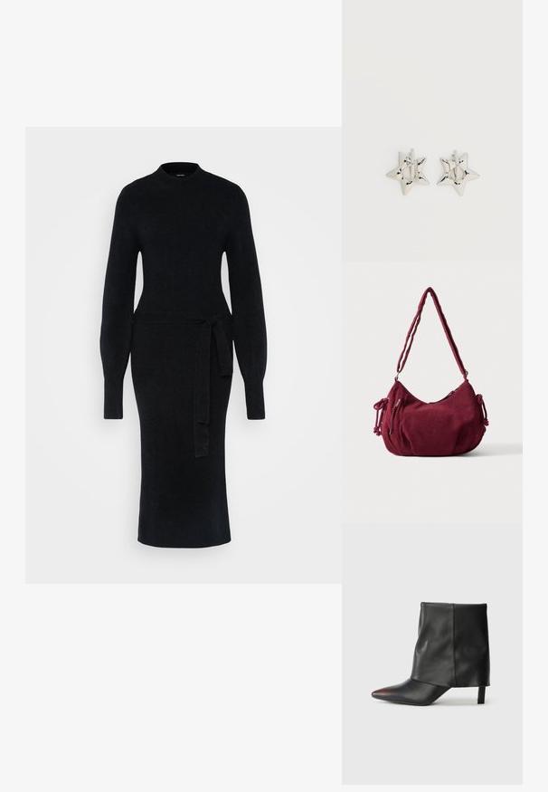 Robe en tricot noire avec manches longues, un col montant et une ceinture à la taille. La silhouette est ajustée, avec un ourlet droit à mi-longueur.; Bottine noire en cuir lisse avec un bout pointu et un talon effilé. La tige présente un design légèrement froncé.; Sac d'épaule en velours côtelé bordeaux doux avec une sangle réglable, fermeture éclair, liens latéraux et une poche avant zippée.; Boucles d’oreilles créoles en forme d’étoile argentée avec une finition lisse et polie sur un fond blanc uni.