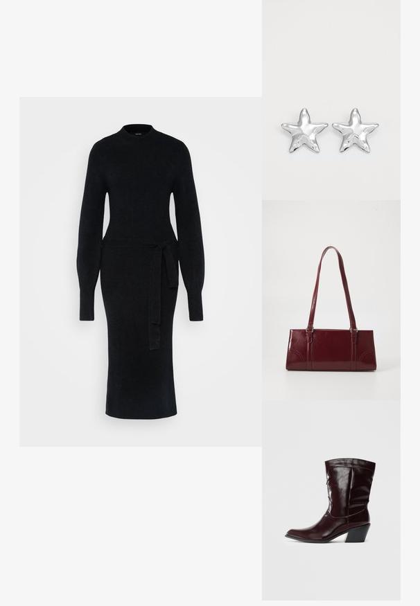 Robe en tricot noire avec manches longues, un col montant et une ceinture à la taille. La silhouette est ajustée, avec un ourlet droit à mi-longueur.; Bottines en cuir bourgogne avec un bout pointu, une surface texturée et un petit talon effilé. Présente une couture discrète et un ajustement confortable.; Sac à main bordeaux en matériau brillant, de forme rectangulaire, avec deux anses et des accents légèrement courbés à l'avant.; Boucles d'oreilles argentées en forme d'étoile, avec une surface lisse et brillante. Chaque boucle d'oreille possède cinq pointes et des détails subtils de texture de surface.