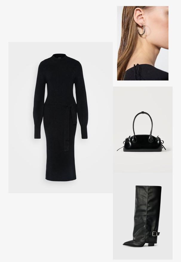 Zwarte gebreide jurk met lange mouwen, een hoge halslijn en een strik in de taille. De silhouet is aansluitend, met een rechte midi-lengte zoom.; Zwarte leren enkellange laarzen met een spitse neus, een gladde textuur en een zilveren gesps Accent aan de zijkant. Stevige vierkante hak.; Kleine zwarte glanzende handtas met twee lange hengsels en zijkant trekkoord details op een effen lichte achtergrond.; Zilveren oorbel met een gepolijste afwerking, met kleine gouden accentdetails en een ronde vorm, gedragen op de oorlel.