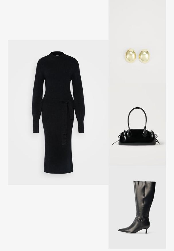 Robe en tricot noire avec manches longues, un col montant et une ceinture à la taille. La silhouette est ajustée, avec un ourlet droit à mi-longueur.; Botte en cuir noire montant jusqu'au genou, avec un bout pointu et un petit talon bas, présentée sur un fond clair uni.; Petit sac à main noir brillant avec deux longues anses et des détails à cordon sur les côtés sur un fond clair uni.; Boucles d'oreilles en métal doré avec une forme lisse et arrondie et une finition polie. Design simple sans embellissements supplémentaires.