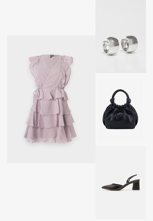 Vestido de lavanda con capas y mangas con volantes, diseño cruzado y un lazo en la cintura. Tela ligera y semitranslúcida, con detalles en capas.; Zapato slingback de cuero negro con punta puntiaguda, tacón bajo de bloque y diseño minimalista con finas tiras y textura suave.; Bolso de mano de cuero negro suave con parte superior fruncida y dos asas gruesas atadas en nudos sobre un fondo claro y liso.; Uncommon Matters SCULPTURAL LARGE CREOLE - Pendientes - silver-coloured