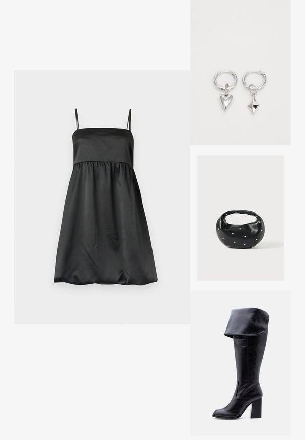 Robe en satin noir avec fines bretelles, un corsage ajusté et une jupe ample froncée. Texture lisse avec un design minimaliste.; Botte haute en cuir noir avec talon, bord plié et bout arrondi, debout sur un fond blanc.; Sac à main en cuir noir de forme arrondie, décoré de clous argentés et équipé d'une poignée courte. Texture lisse et fermeture éclair.; Boucles d'oreilles en argent en forme de créoles, ornées d'un cœur et d'un pendentif en forme de diamant. Texture lisse avec une finition polie.