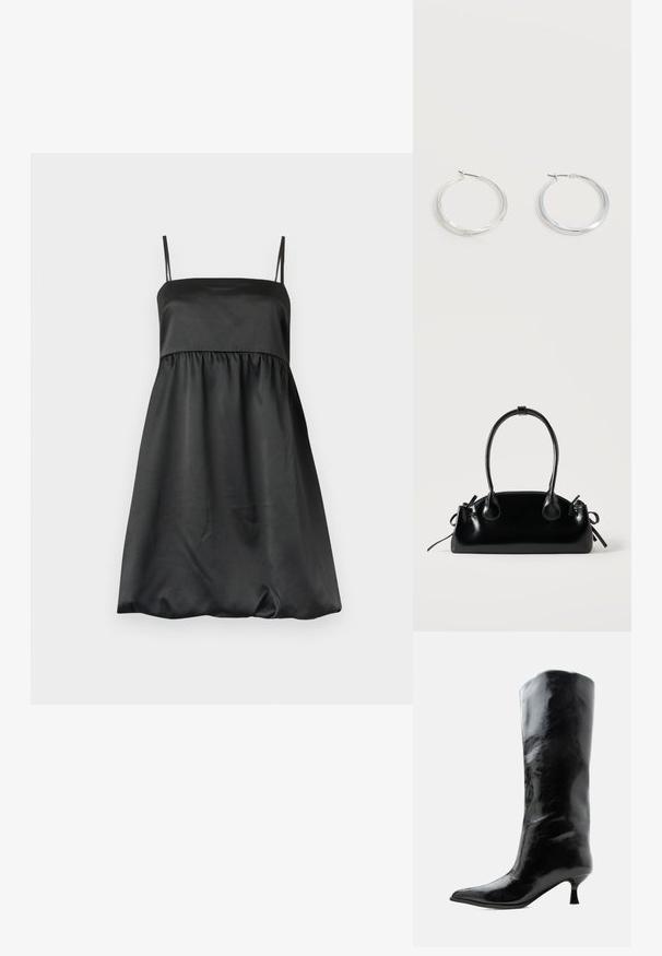 Robe en satin noir avec fines bretelles, un corsage ajusté et une jupe ample froncée. Texture lisse avec un design minimaliste.; Botte en cuir noire brillante, haute jusqu'au genou, avec bout pointu et talon bas courbé sur un fond clair uni.; Petit sac à main noir brillant avec deux longues anses et des détails à cordon sur les côtés sur un fond clair uni.; Boucles d’oreilles créoles en métal argenté avec une surface lisse légèrement incurvée et des fermoirs à clapet sur un fond blanc uni.