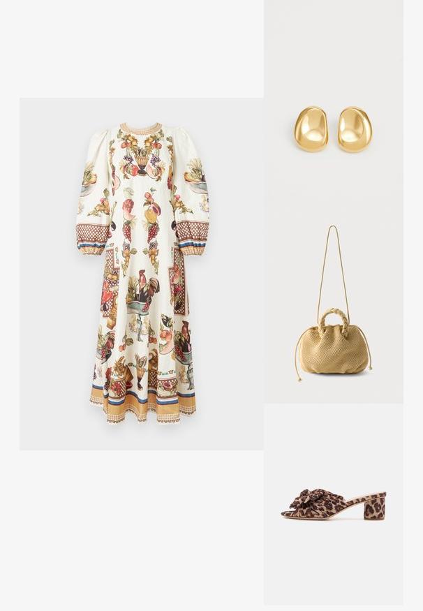 Robe longue crème avec des manches bouffantes, décorée de motifs colorés de fruits, légumes et coqs, avec des poignets et un ourlet à motifs marron.; Mules à talons en imprimé léopard avec un dessus plissé et un accent floral. Design à bout ouvert et un talon moyen épais avec un motif texturé.; Sac à main tissé beige avec poignées supérieures tressées, côtés à cordon de serrage et une longue bandoulière fine sur fond blanc uni.; Boucles d'oreilles en forme de clou de couleur or, avec une forme lisse et arrondie et une surface réfléchissante, mettant en avant un design minimaliste sans motifs visibles.