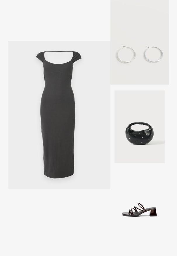 Robe noire en tricot côtelé avec un décolleté carré et des manches courtes. La conception est cintrée et descend jusqu'aux chevilles.; Sandale à talons ouverts en vernis bordeaux foncé, dotée de trois fines lanières et d'un talon carré. Surface lisse, design minimal.; Sac à main en cuir noir de forme arrondie, décoré de clous argentés et équipé d'une poignée courte. Texture lisse et fermeture éclair.; Boucles d’oreilles créoles en métal argenté avec une surface lisse légèrement incurvée et des fermoirs à clapet sur un fond blanc uni.