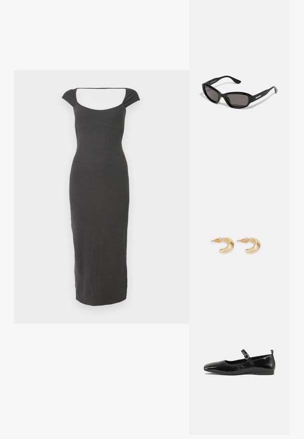 Robe noire en tricot côtelé avec un décolleté carré et des manches courtes. La conception est cintrée et descend jusqu'aux chevilles.; Chaussure plate en cuir verni noir avec un bout pointu, une sangle de cheville avec boucles, et une texture lisse et brillante. Talon bas pour le confort.; Lunettes de soleil noires avec une monture rectangulaire, des verres sombres, un matériau plastique lisse et un accent métallique sur la branche.; Boucles d'oreilles en forme de croissant en or avec une finition lisse, présentant des accents orange près du clou et un matériel en argent.