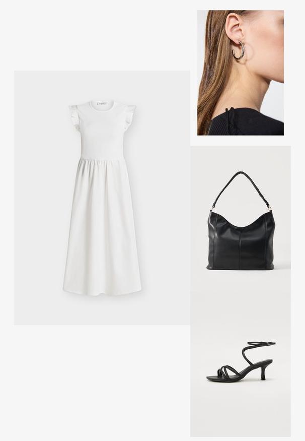Robe blanche sans manches avec détails à volants sur les épaules, corsage ajusté et jupe longue froncée, affichée sur un fond uni.; Even&Odd Wide Fit by Zalando Sandales - black; Sac à épaule en cuir noir avec poignée torsadée et détails de couture verticale sur un fond clair uni.; Boucle d'oreille en argent avec une finition polie, présentant de petits détails en or et de forme ronde, portée sur le lobe.