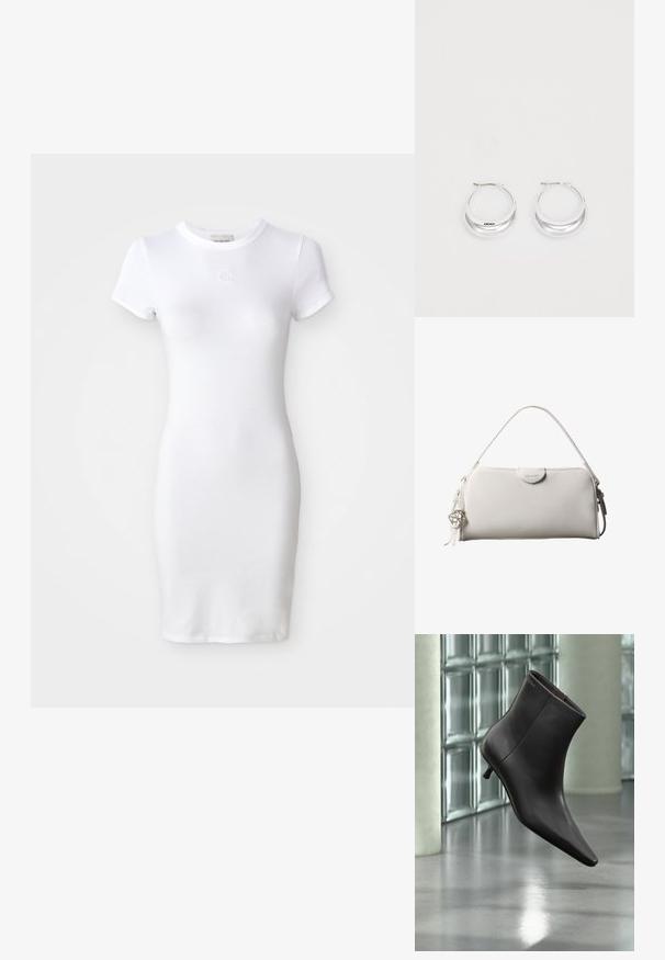 Vestido de algodón blanco con mangas cortas, forma ajustada y escote redondo. Presenta un pequeño logo bordado en el pecho.; Bota de cuero negro para el tobillo con puntera puntiaguda y tacón pequeño, exhibida frente a una pared de bloques de vidrio y un suelo pulido.; Bolso rectangular blanco de Calvin Klein con un solo asa, diseño minimalista y borlas decorativas con un charm metálico geométrico en el lateral.; Pendientes de aro de plata con un acabado pulido y la marca DKNY, exhibidos sobre un fondo blanco liso.