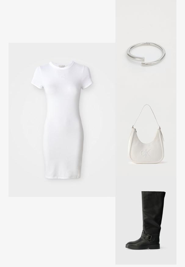 Vestido de algodón blanco con mangas cortas, forma ajustada y escote redondo. Presenta un pequeño logo bordado en el pecho.; Botas negras hasta la rodilla, hechas de cuero suave, con puntera redondeada, suela gruesa y una correa horizontal con detalle de hebilla rectangular.; Bolso de hombro de cuero blanco con cierre de cremallera, forma curva y logo CK en relieve en la parte delantera.; Calvin Klein SPIRAL - Pulsera - silver-coloured