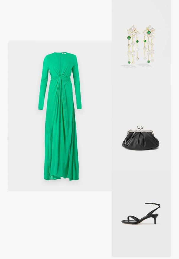 Groene jurk met lange mouwen en een geplooide taille, gemaakt van zachte stof, met een diepe halslijn en een vloeiende rok.; Zwarte leren dames sandaal met dunne bandjes, een teengreep, een enkelgesp en een stilettohak van gemiddelde hoogte op een neutrale achtergrond.; Zwarte leren clutch met geplooide textuur, zilverkleurig metalen frame, drukknopsluiting en kettingriem. Glad, zacht oppervlak.; Gouden oorbellen met hangende kettingen met heldere en groene edelstenen in verschillende vormen, waaronder vierkanten en diamanten.