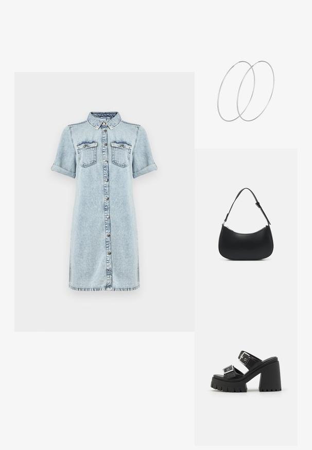 Lyseblå denimskjortekjole med korte opkrogede ærmer, knaplukning foran og to brystlommer; har en frynset kant i bunden.; Sorte platform sandaler med to brede stropper med sølvhardware, en kraftig høj hæl og en tekstureret gummisål.; Pieces PCALUANA SHOULDER BAG - Håndtasker - black; Sølvøreringe med et minimalistisk design. Cirkulær form, glat tekstur og tynd profil. Letvægtige med en poleret overflade.