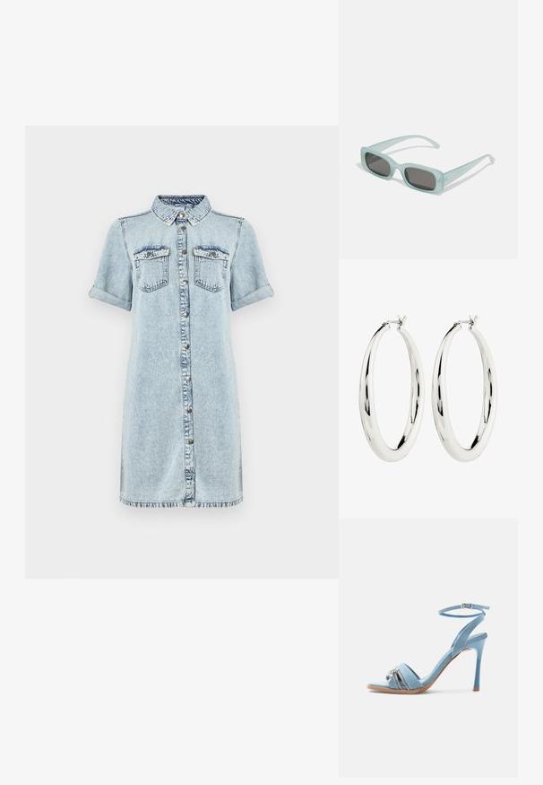 Lyseblå denimskjortekjole med korte opkrogede ærmer, knaplukning foran og to brystlommer; har en frynset kant i bunden.; Lys blå denim-højhælet sandal med ankelrem, åben tå og sølv lynlås samt charm-detalje på frontstroppen.; Et par rektangulære solbriller med lyseblå gennemsigtige stel og mørkegrå linser, der har lige templer og minimale hardware detaljer.; Sølv hoops øreringe med en glat, reflekterende overflade. Rund, stor form med en sikker lås øverst. Den polerede finish fremhæver glansen.