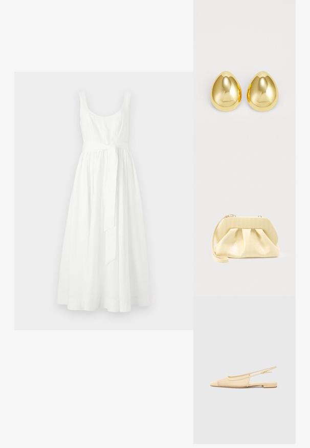 Witte zonder mouwen jurk met een aansluitend bovenlichaam en een vloeiende, midi-lengte rok. Kenmerkt zich door een gestrikte tailleband en een gladde, katoenen textuur.; Slingback ballerina in lichtbeige met een mesh bovenwerk, spitse neus en een lage hak. Voorzien van een verstelbare band voor een goede pasvorm.; Crème-kleurige leren clutch met een gestructureerd bovenframe en polsbandje, weergegeven tegen een effen lichte achtergrond.; Gouden studoorbellen met een gladde, gepolijste afwerking en een druppelvorm, die licht reflecteren voor een glanzende uitstraling.