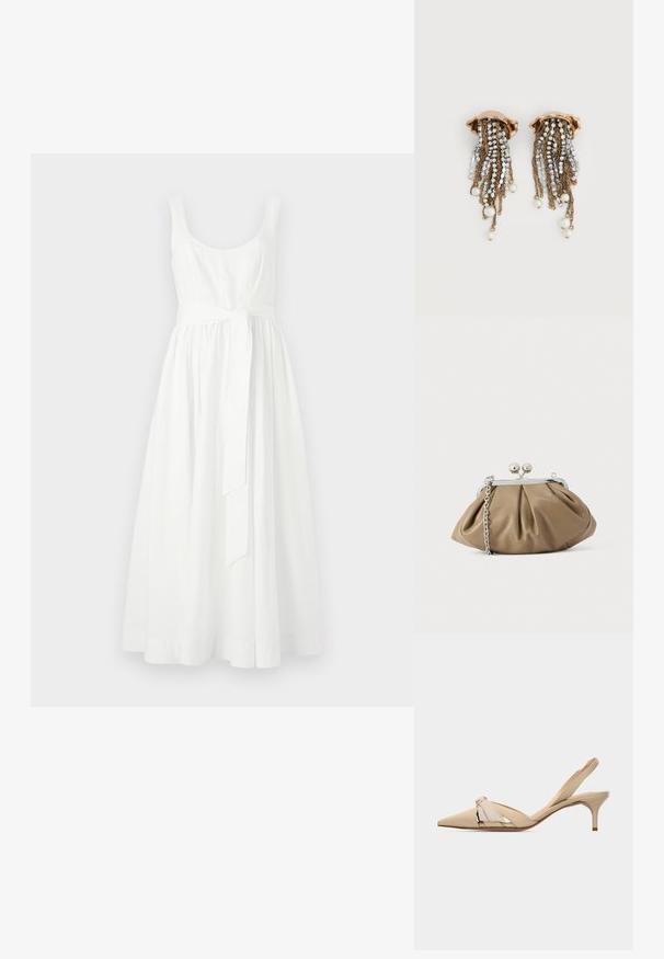 Hvid sømløs kjole med en tætsiddende overdel og en svævende, midi-længde nederdel. Har et bundet taljebælte og en glat, bomuldsstruktur.; Beige slingback-kittensko med spids tå, dekorativ knudedetalje på overdelen og en lav, slank hæl.; Læderclutch i blød beige med afrundet form, plisseret tekstur, sølvfarvet kiss-lock lukning og aftagelig kæderem.; Clip-on øreringe i guldfarve med faldende rhinstenkæder og hængende hvide perler på en hvid baggrund.