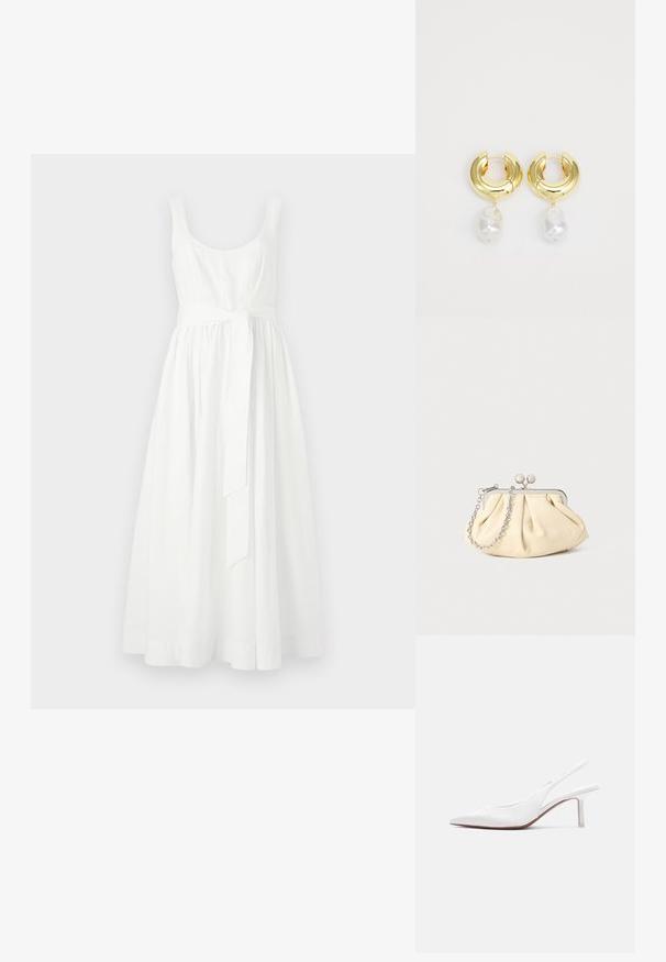 Weißes ärmelloses Kleid mit einem enganliegenden Oberteil und einem fließenden, knielangen Rock. Verfügt über einen gebundenen Taillengürtel und eine glatte Baumwolltextur.; Damen-Slingback-Schuh aus weißem Leder mit spitzer Spitze, niedrigem Kitten-Heel und kleiner dekorativer Schleife oben, seitlich dargestellt.; Faltige beigefarbene Ledertasche mit einem silbernen Metallrahmen, ausgestattet mit zwei runden dekorativen Verschlüssen und einem silbernen Kettenriemen.; Goldfarbene Creolen mit polierter Oberfläche, die einen hängenden, unregelmäßig geformten weißen Perlenakzent zeigen. Kreisförmiges Design, glatte Textur.
