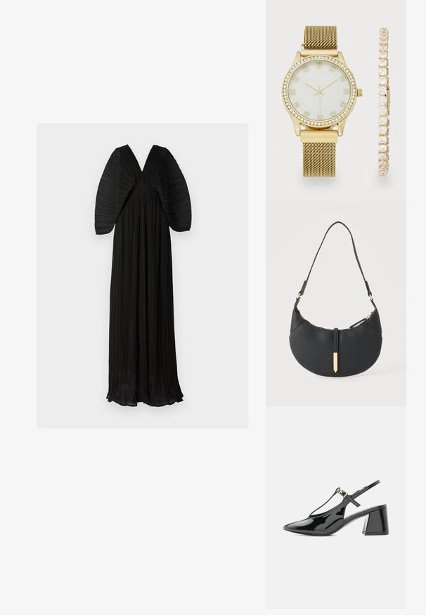 Vestido maxi plisado negro con un escote en V profundo y mangas voluminosas y texturizadas. Cuenta con una cintura ajustada y una silueta fluida.; Zapato slingback de charol negro con tacón bajo, punta puntiaguda y tira en T con una pequeña hebilla dorada.; Bolso negro en forma de media luna con una sola correa, cremallera dorada y una lengüeta decorativa rectangular dorada en la parte delantera.; Reloj de metal dorado con correa de malla, esfera blanca redonda, bisel adornado con cristales y marcadores de hora. Incluye una pulsera de cristal con cuentas.