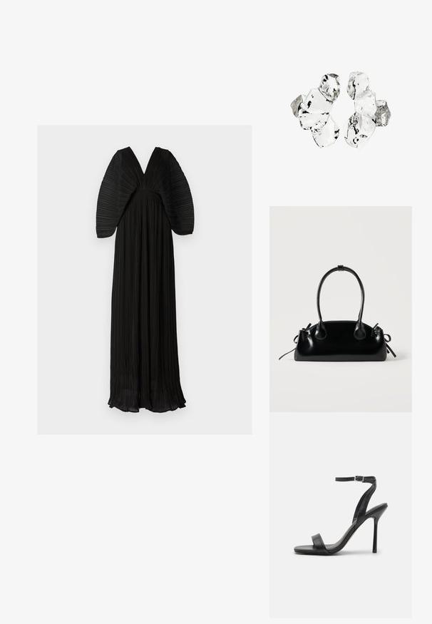 Vestido maxi plisado negro con un escote en V profundo y mangas voluminosas y texturizadas. Cuenta con una cintura ajustada y una silueta fluida.; Sandalia negra de tacón alto con una correa delgada en el tobillo y dos bandas en la parte frontal. Hecha de cuero suave con una punta afilada y tacón de aguja.; Pequeño bolso negro brillante con dos asas largas y detalles de cordón lateral sobre un fondo claro liso.; Conjunto de seis piezas de forma irregular, translúcidas y reflectantes, similares al vidrio, dispuestas sobre un fondo blanco.