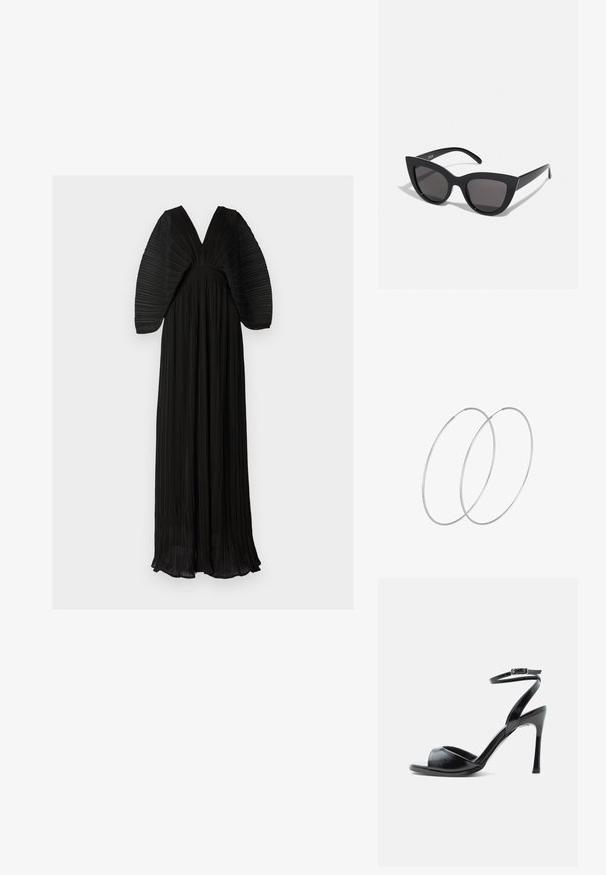 Vestido maxi plisado negro con un escote en V profundo y mangas voluminosas y texturizadas. Cuenta con una cintura ajustada y una silueta fluida.; Sandalia negra de tacón alto con puntera abierta, tacón de aguja delgado y correa en el tobillo con hebilla sobre fondo blanco.; Gafas de sol negras en forma de ojo de gato con un acabado mate, que presentan lentes ahumados grises, ángulos pronunciados y brazos laterales elegantes. Nombre de la marca visible en el interior del brazo.; Pendientes de aro plateados con un diseño minimalista. Forma circular, textura suave y perfil delgado. Livianos con un acabado pulido.