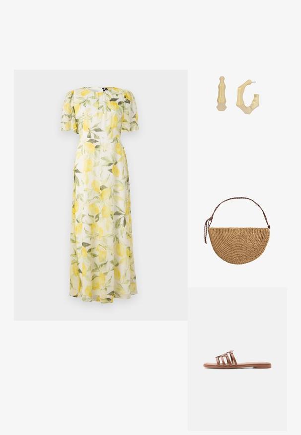 Blumenkleid mit Zitronendruck auf durchsichtigen weißen Stoff, kurzen Puffärmeln und taillierter Taille, das bis zur Maxi-Länge fließt.; Flache braune Sandale mit vier dünnen Riemen, von denen einer eine geschlungene dekorative Detailschleife aufweist, seitlich auf weißem Hintergrund gezeigt.; Halbmondförmige Handtasche aus geflochtenem Stroh mit einem braunen, verstellbaren Schulterriemen, der an einem Ende gebunden ist, vor weißem Hintergrund.; Goldfarbene Creolen im Bambus-Stil, eine Ansicht von vorne, eine Ansicht von der Seite mit sichtbarem Stecker.