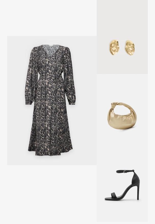 Vestido de manga larga con un estampado de serpiente que presenta un escote en V, cintura ceñida y una falda en línea A fluida en tonos negros y beiges.; Sandalia de tacón alto negra con un diseño elegante, que cuenta con una correa en el tobillo, punta abierta y una textura de cuero suave.; Bolso de metal dorado con una textura suave y brillante. Presenta un asa anudada y una forma redondeada y suave. Cierre de cremallera en la parte superior.; Par de pendientes de metal dorado brillante, con forma irregular y superficie arrugada y lisa sobre un fondo claro y sencillo.